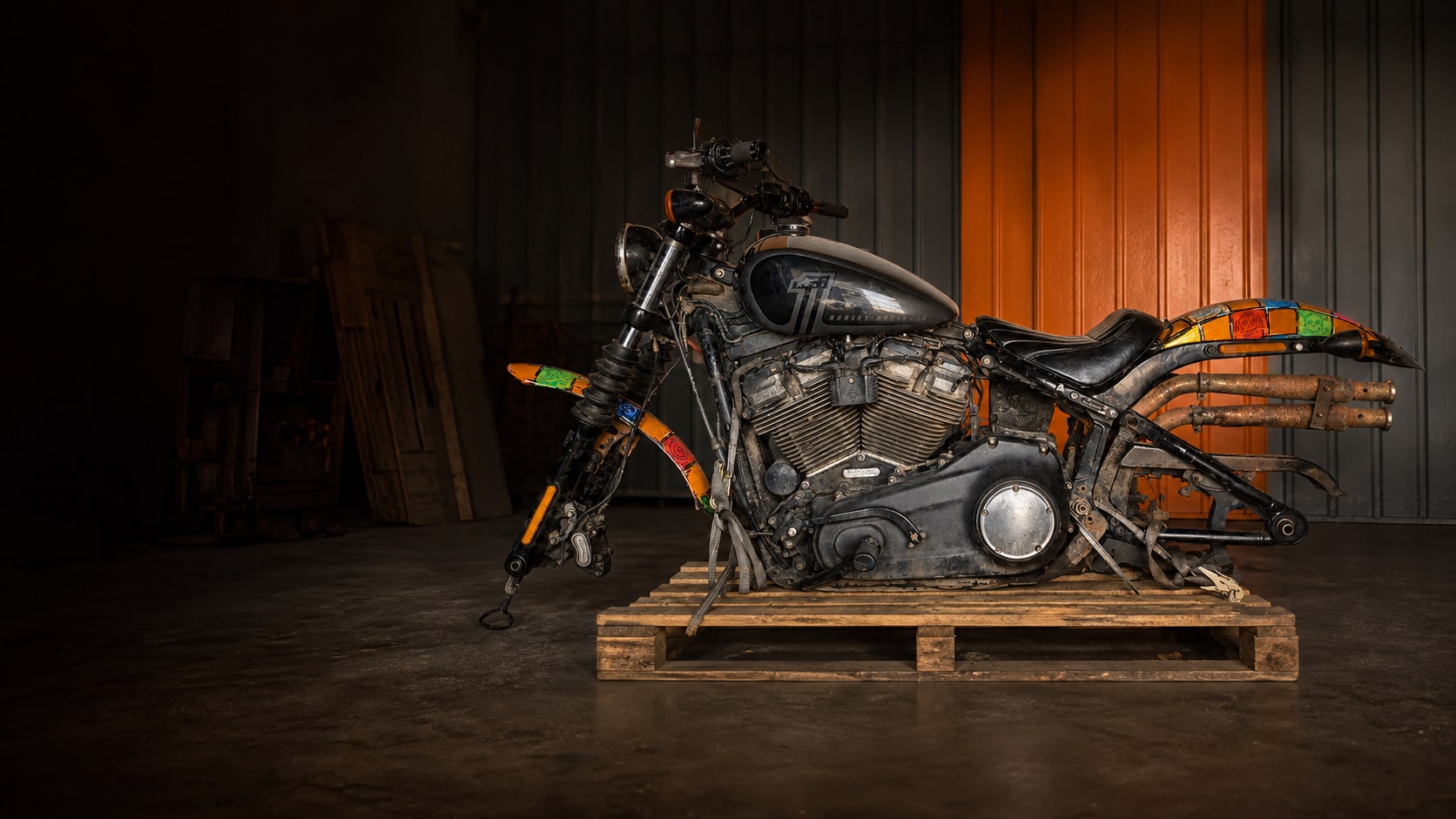 The incomplete Legend Motorbike on a pallet